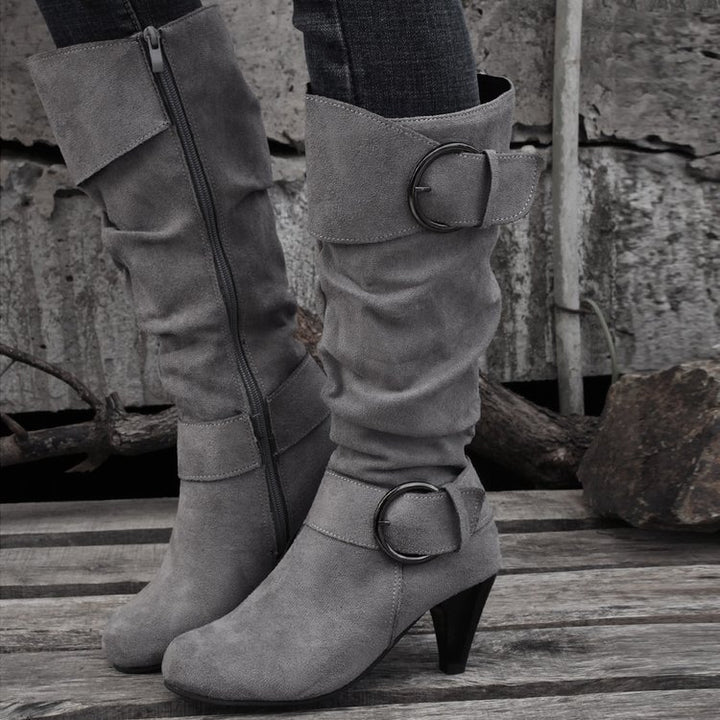 Women’s boots with soft faux suede, slip-on shaft and decorative buckles Mune Fashion
