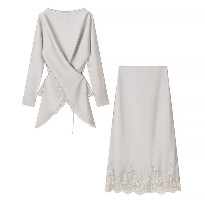 Women Two-Piece Silky Shimmering Wrap Blouse and Midi Skirt Set with Lace Edge Mune Fashion