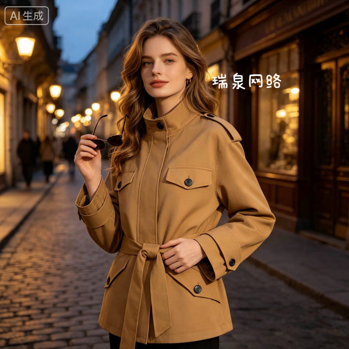 Women's Short Utility Jacket with Waist Belt and Shoulder Flaps Mune Fashion