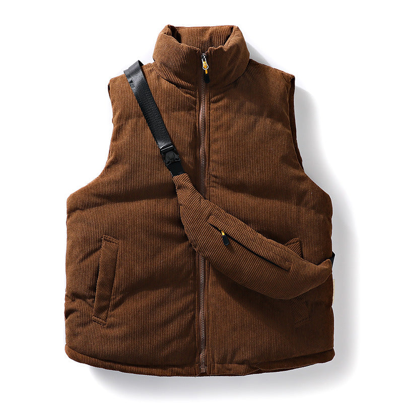 Men's Padded Fine Cord Quilted Vest with High Stand-Up Collar and Integrated Crossbody Fanny Pack Mune Fashion