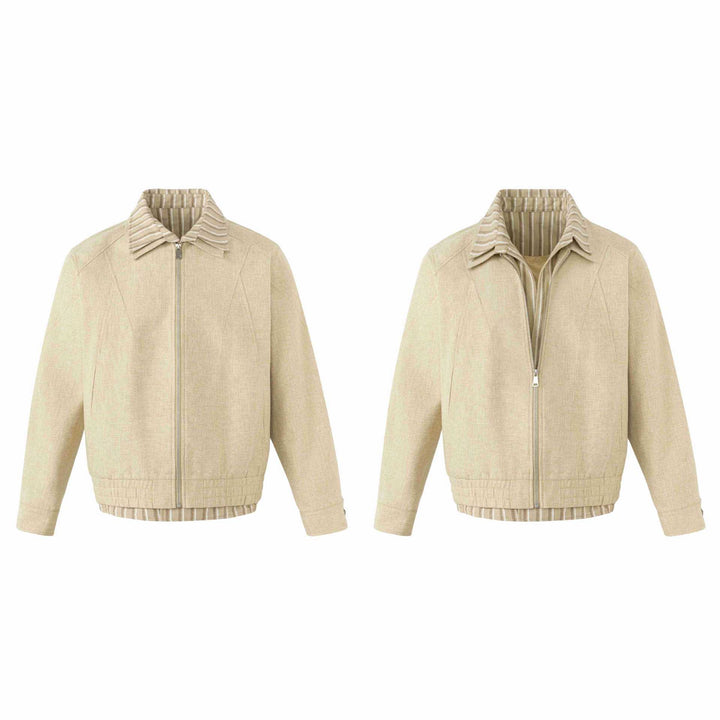Women's Lightweight Boxy Blouson Jacket in Linen Look with Striped Inner Collar Mune Fashion