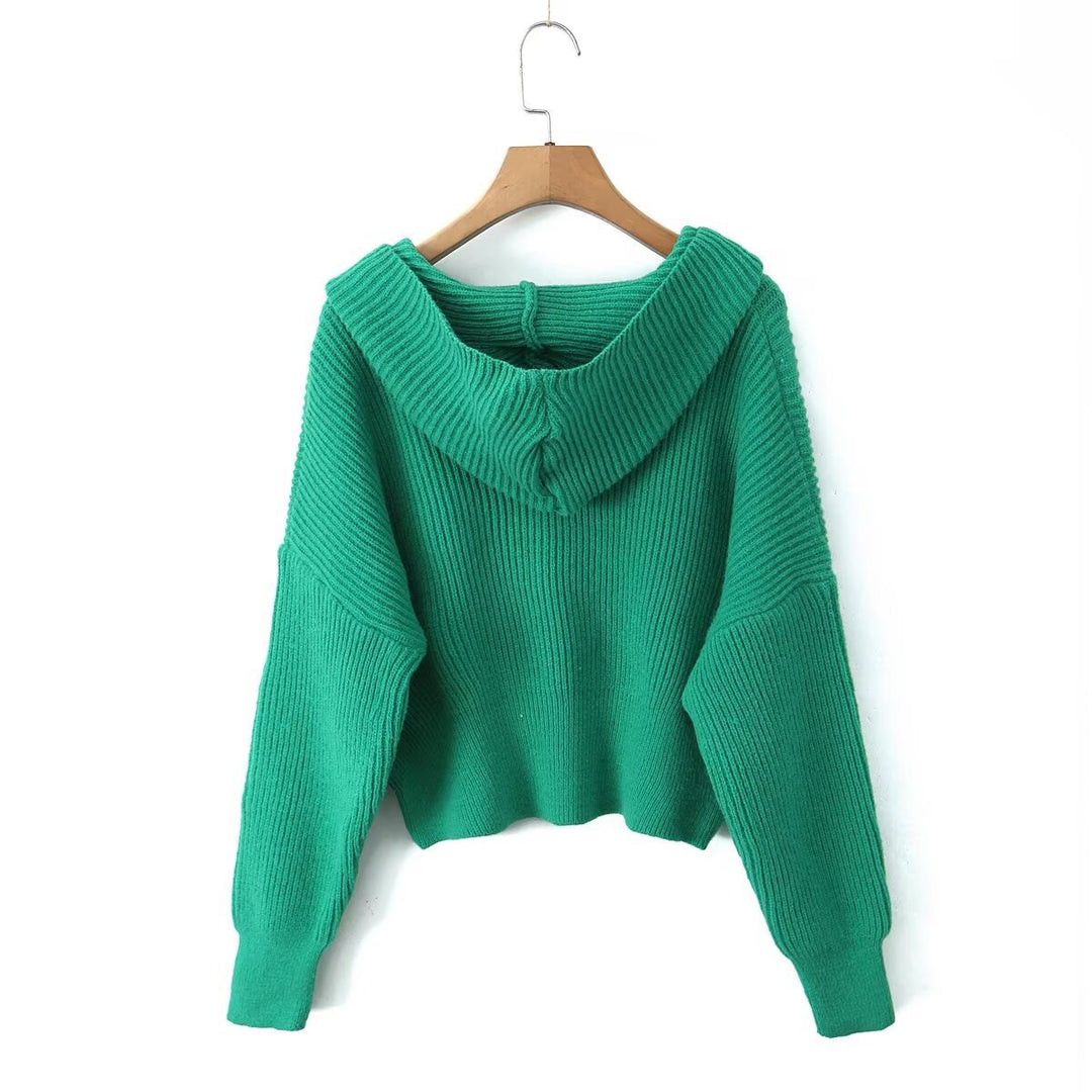 Women's Short Ribbed Knit Cardigan with Wide Hood Collar and Patch Pockets Mune Fashion