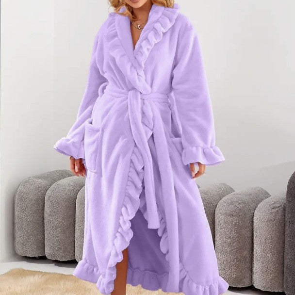 Women's luxurious dressing gown with ruffled collar, extra-long cut and tie belt Mune Fashion