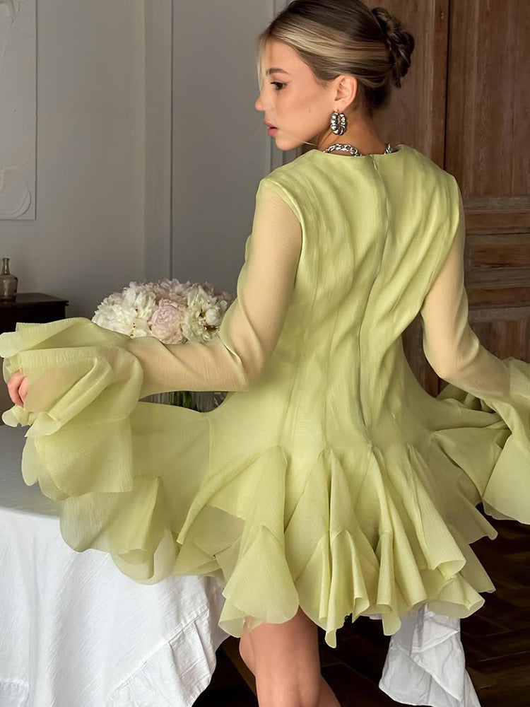 Ladies Ruffled Chiffon Mini Dress with Ruffles and Transparent Sleeves Mune Fashion