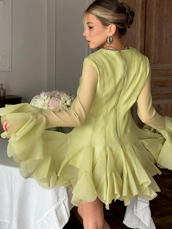 Ladies Ruffled Chiffon Mini Dress with Ruffles and Transparent Sleeves Mune Fashion