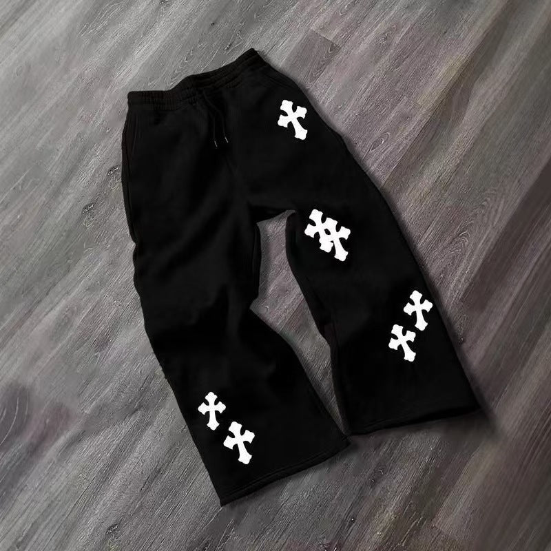 Men's Loose Sweatpants with Gothic Cross Print, Drawstring & Drop Crotch Mune Fashion