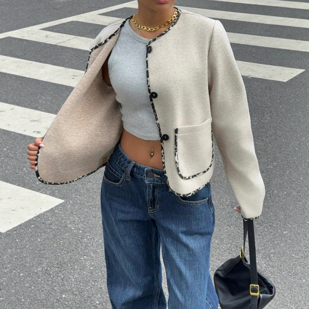 Women Short Wool Look Jacket with Contrast Trim and Patch Pockets Mune Fashion