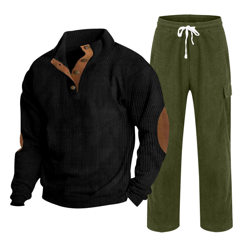 Men's Cozy Leisure Set made of Waffle Knit Henley with Elbow Patch and Relax Cargo Pants Mune Fashion