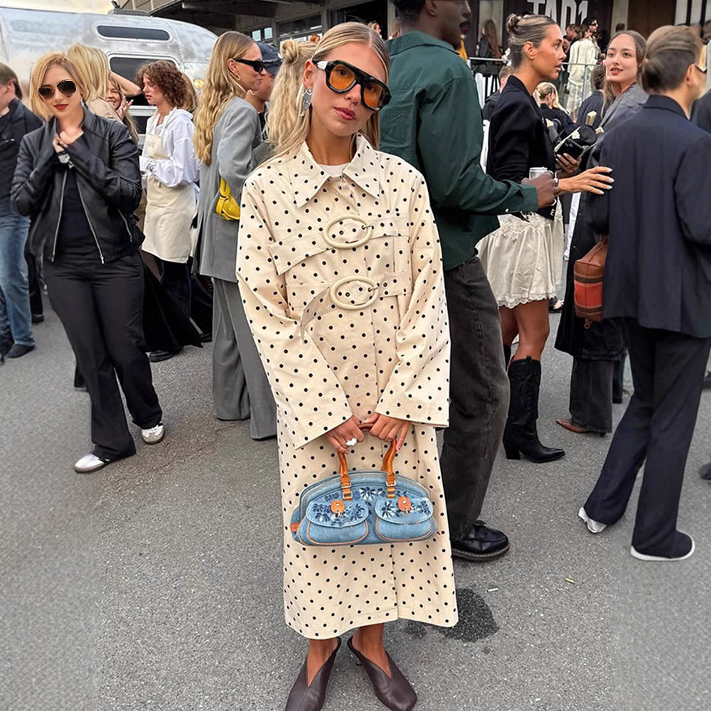 Women's long cut polka dot trench coat with oversized embellishments and boxy cut Mune Fashion