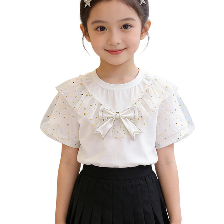 Girl T-shirt with ruffle details and transparent puff sleeves Mune Fashion