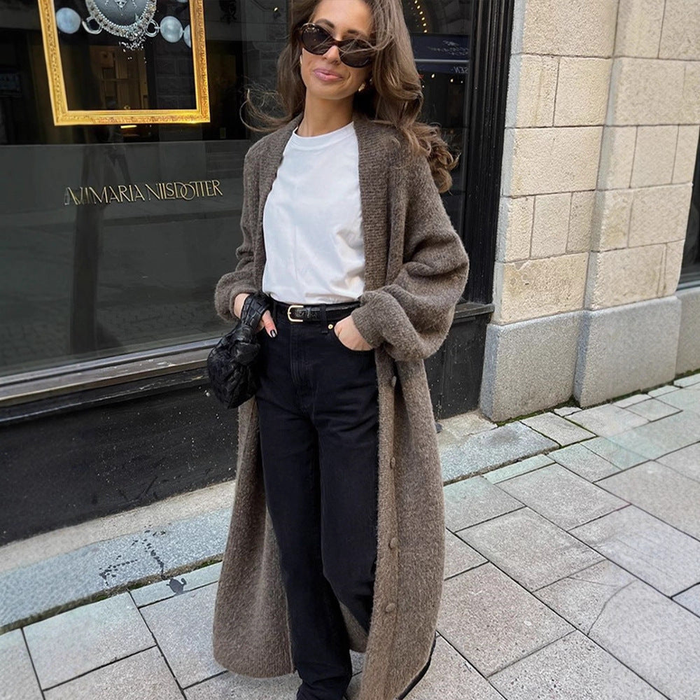 Women Maxi Long Knit Coat in Mohair Look with Concealed Button Placket and Loose Silhouette Mune Fashion