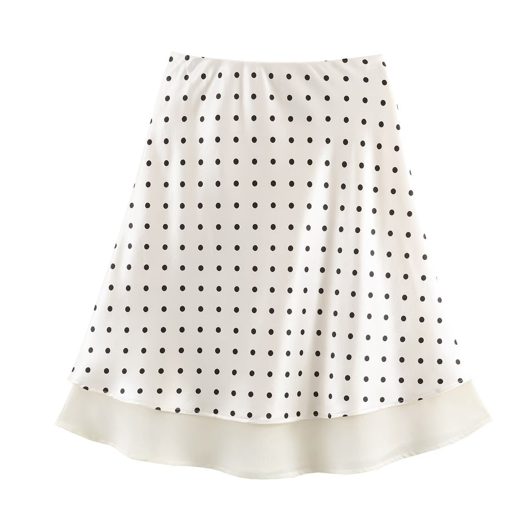 Women's A-Line Midi Skirt with Double Layer Hem and Polka Dot Print
