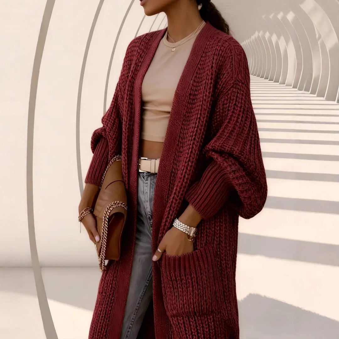 Women Long Open Chunky Knit Coat Cardigan with Braided Structure and Dropped Shoulder Mune Fashion