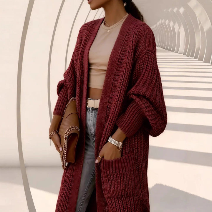 Women Long Open Chunky Knit Coat Cardigan with Braided Structure and Dropped Shoulder Mune Fashion