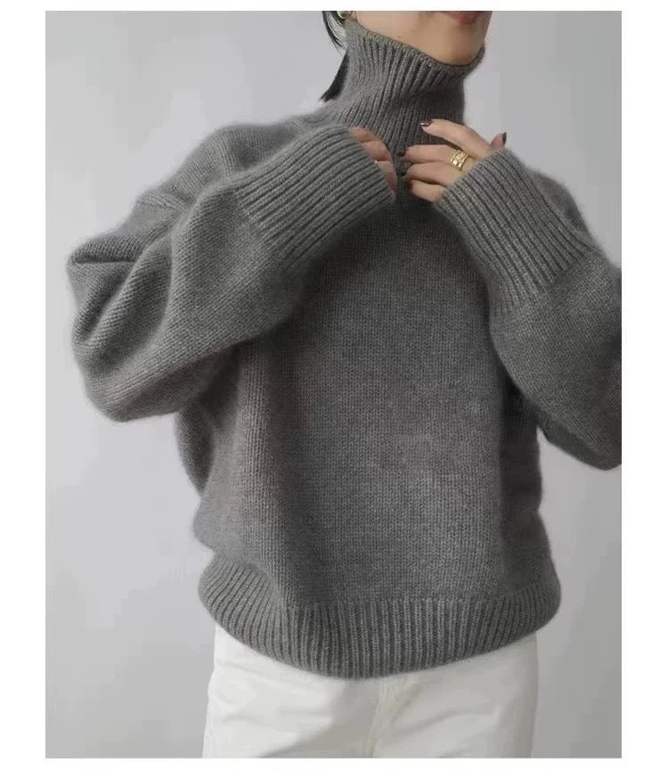 Women's Oversized Fine Knit Sweater with High Roll Neck and Side Slits Mune Fashion