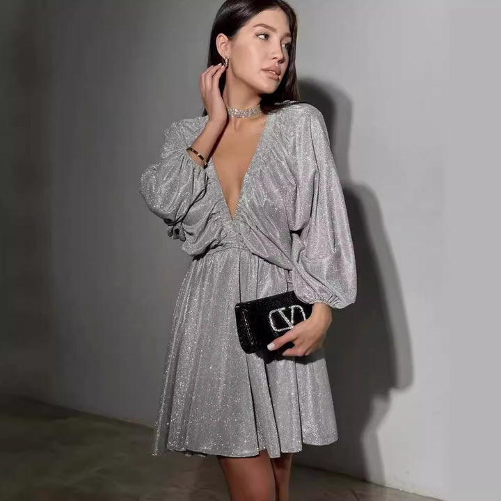 Women's Glittering Evening Dress with Deep V Neckline, Balloon Sleeves and Waist-Defining Bell Skirt Mune Fashion