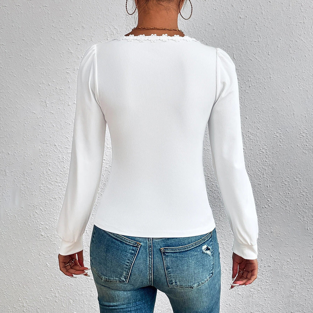 Women's fine-knit body shirt with a heart-shaped Carmen neckline, lace trim, and light puff sleeves Mune Fashion