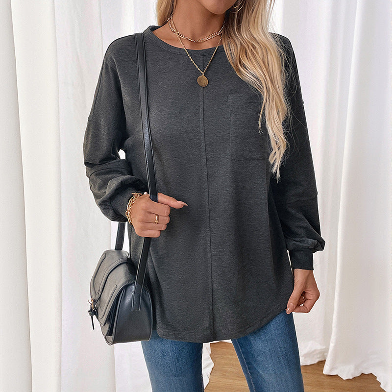 Women's Casual Long Sleeve Jersey Shirt with Central Decorative Seam, Round Neck & Rounded Hem Mune Fashion