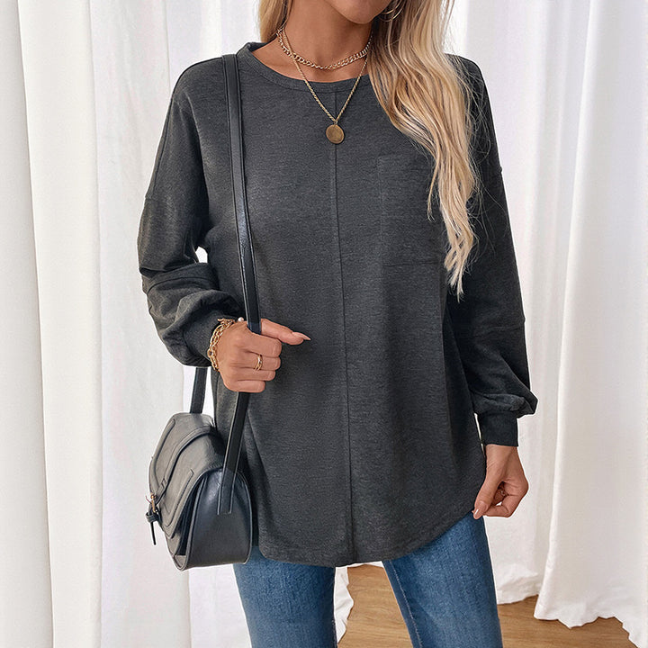Women's Casual Long Sleeve Jersey Shirt with Central Decorative Seam, Round Neck & Rounded Hem Mune Fashion