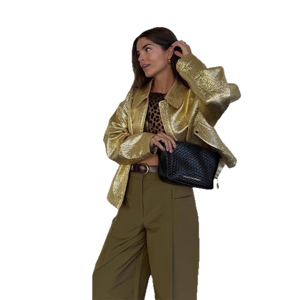Women Short Textured Metallic Bomber Jacket with Boxy Silhouette Mune Fashion