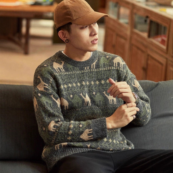 Men's knit pullover with camel jacquard pattern and ribbed hem Mune Fashion