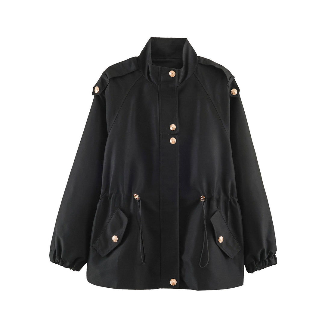 Women's short jacket in utility style with drawstring, raglan sleeves and metal button placket Mune Fashion