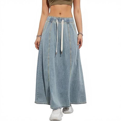Women Longer A-Line Denim Skirt with Elastic Waistband and Cord Mune Fashion