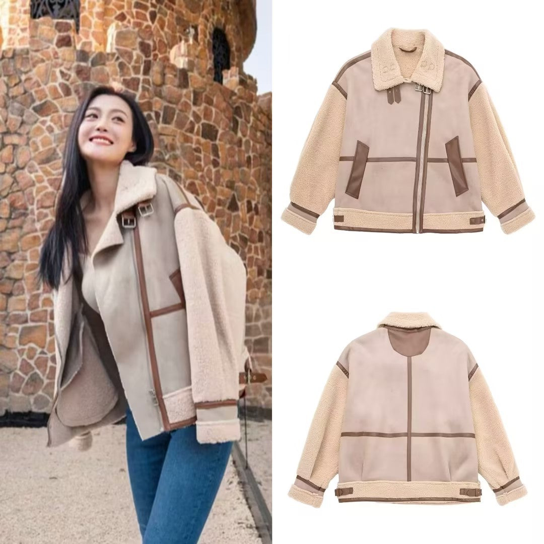 Women's Oversized Flight Jacket with Teddy Lining, Asymmetrical Zip and Faux Leather Details Mune Fashion