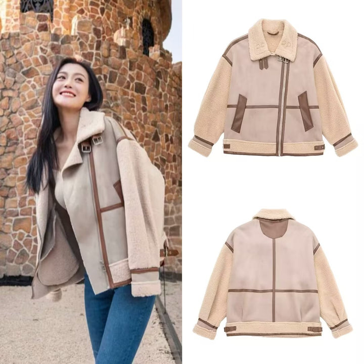 Women's Oversized Flight Jacket with Teddy Lining, Asymmetrical Zip and Faux Leather Details Mune Fashion