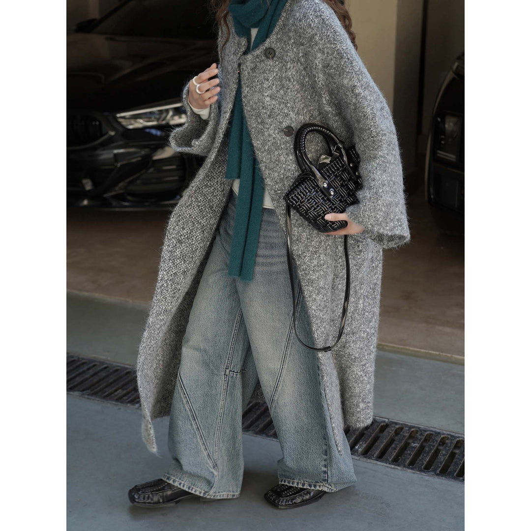 Women’s Long Bouclé Coat in Oversized Style with Discreet Button Placket Mune Fashion