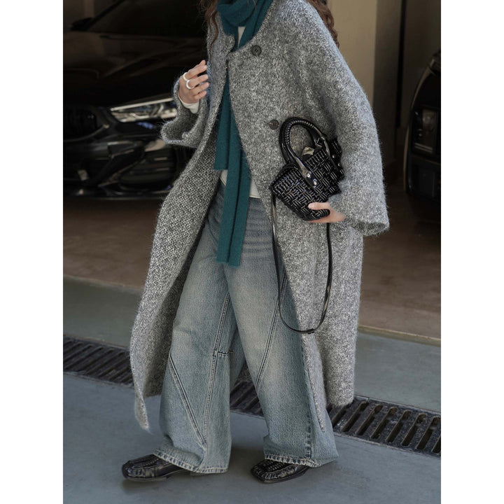 Women’s Long Bouclé Coat in Oversized Style with Discreet Button Placket Mune Fashion