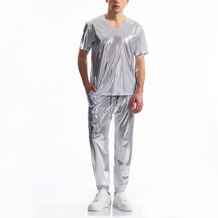 Men's Sporty Set Made Of Shiny Material with V-Neck Mune