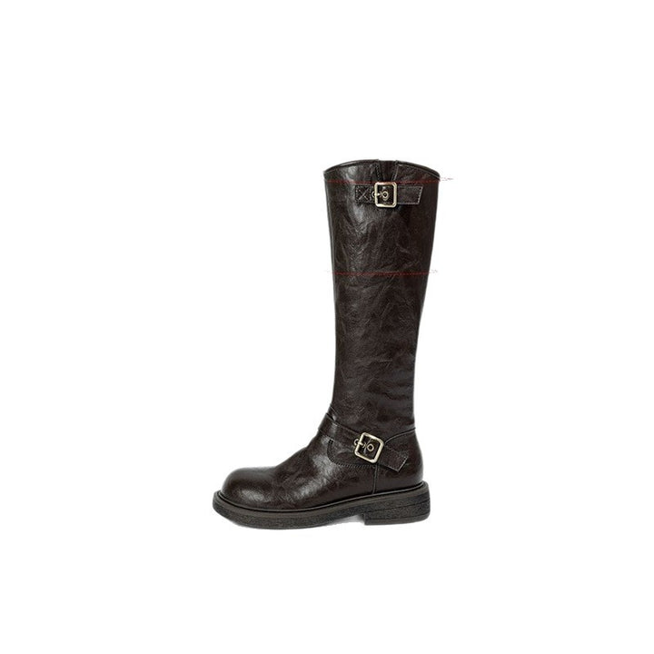 Women's Knee-High Combat Boots with Smooth Leather Look, Side Zipper and Decorative Buckles Mune Fashion
