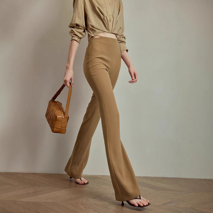 Women's High-Waisted Stretch Pants with Slim Thigh Fit and Wide Hem