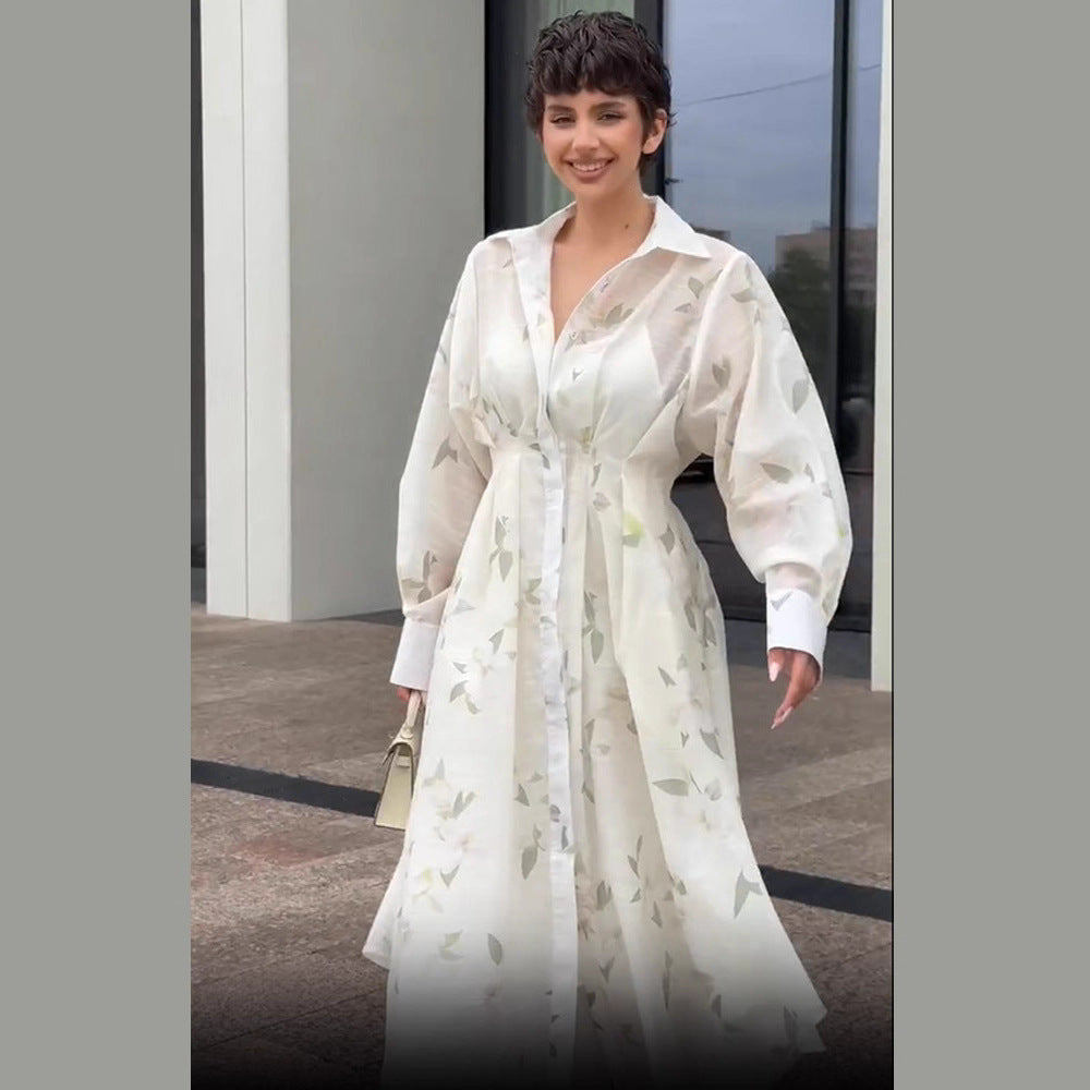 Women's Transparent Shirt Dress Made of Organza with Tailored Silhouette and Balloon Sleeves Mune Fashion