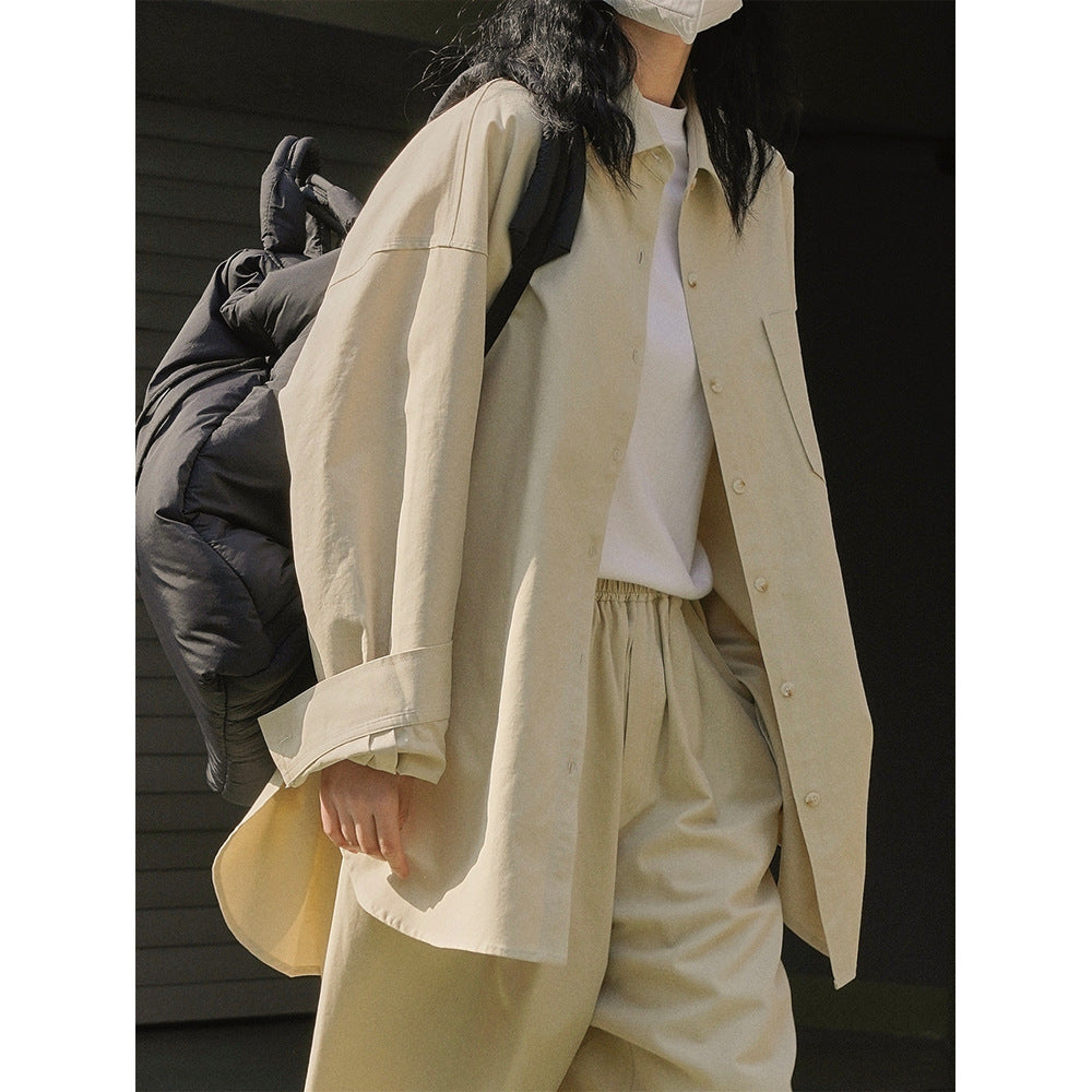 Women Oversize Shirt Jacket with Boxy Silhouette and High-Waist Stretch Waist Pants in Set Mune Fashion