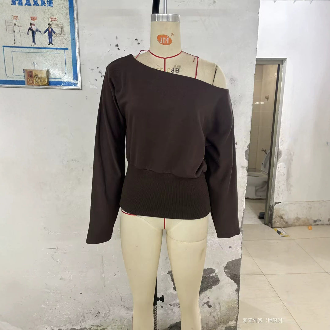 Women's Off-Shoulder Cropped Sweatshirt with Wide Boat Neck and Waistband Mune Fashion