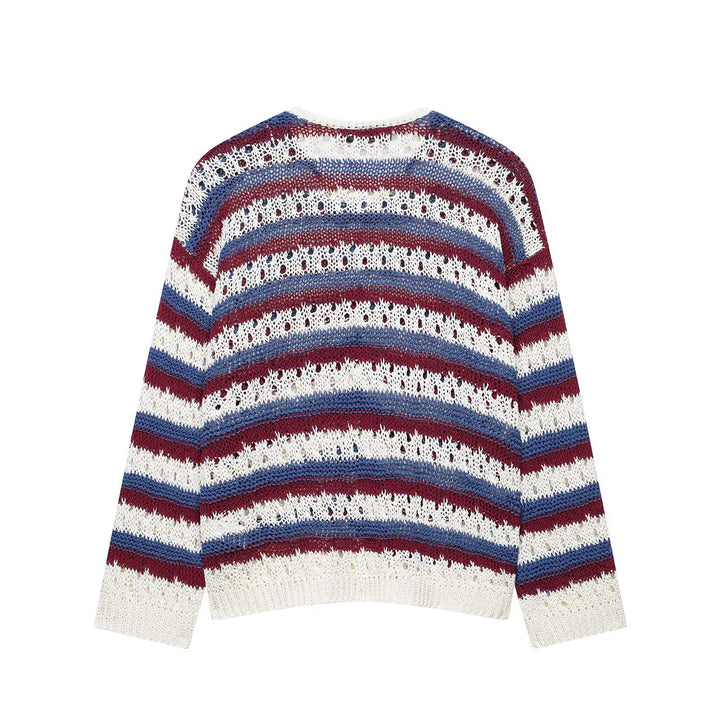 Women's knitted cardigan in ajour-striped pattern with button placket and round neck Mune Fashion