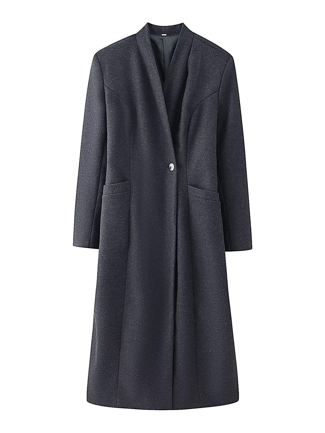 Ladies Elegant Wool Blend Long Coat with Shawl Collarless Look and Single Button Closure Mune Fashion