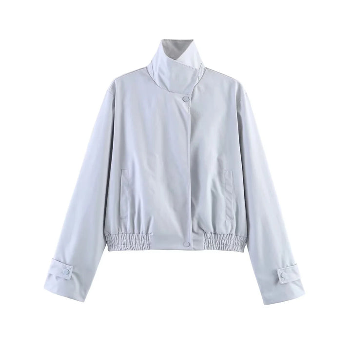 Women's short-cut bomber jacket with stand-up collar, snap button placket, and elastic hem Mune Fashion