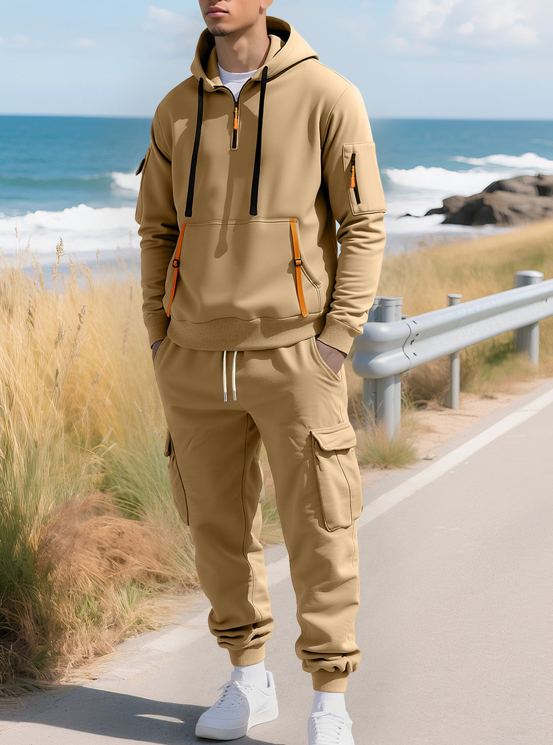 Men's casual half-zip hoodie with kangaroo pocket and cargo jogging pants with zipper details Mune Fashion