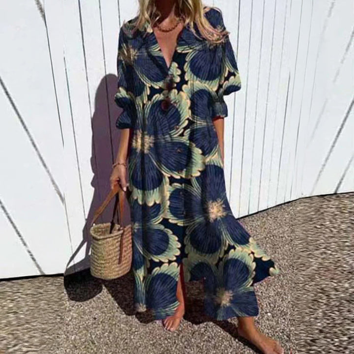 Women Flowing Maxi Dress with Continuous Button Placket V-Neck and Folk Print Mune Fashion