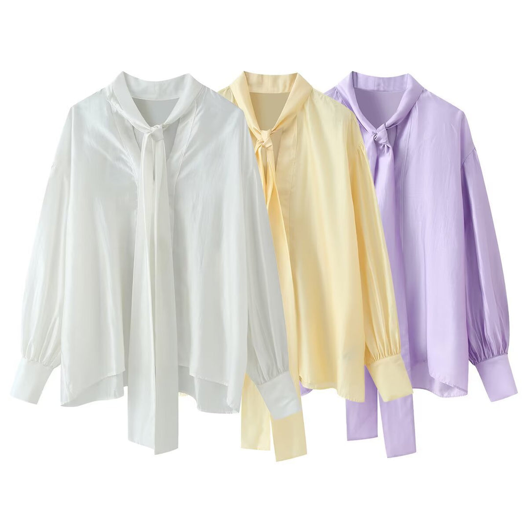 Women's silk-like blouse with loose fit, long ribbon ties and balloon sleeves Mune Fashion
