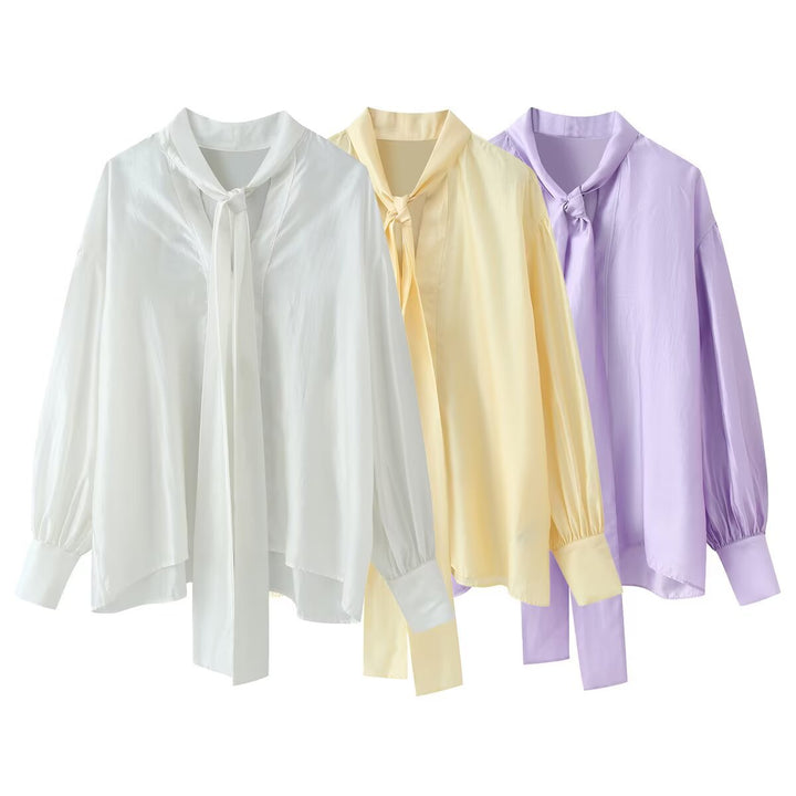Women's silk-like blouse with loose fit, long ribbon ties and balloon sleeves Mune Fashion