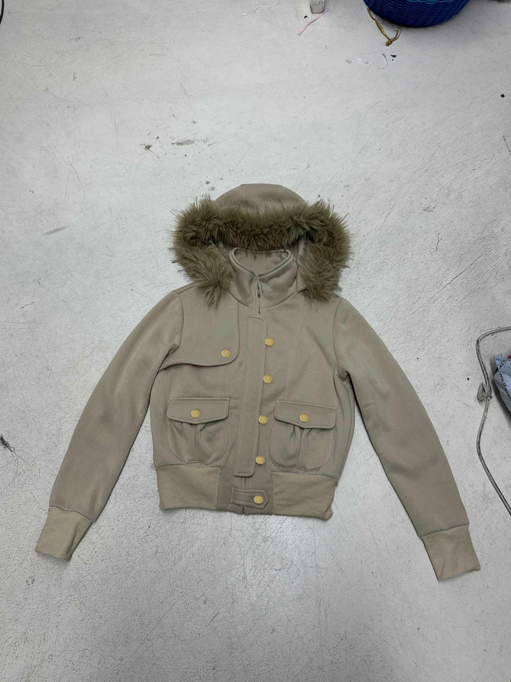 Women's Short-Cut Utility Bomber Jacket with Stand-Up Collar, Hood, and Faux Fur Trim Mune Fashion