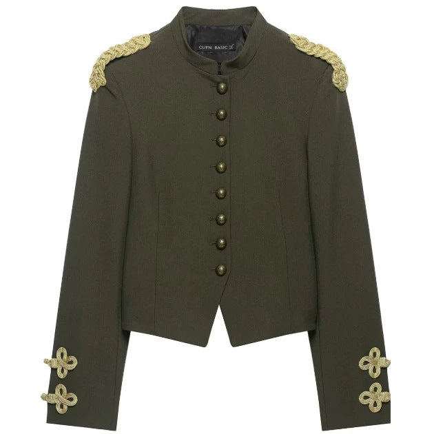 Women Tailored Cropped Military Blazer with Stand Collar and Gold-Embellished Epaulettes Mune Fashion