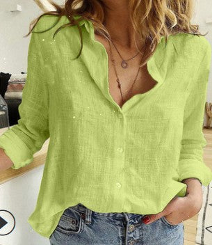 Women's loose linen blouse with star print V-neck buttoned front Mune Fashion