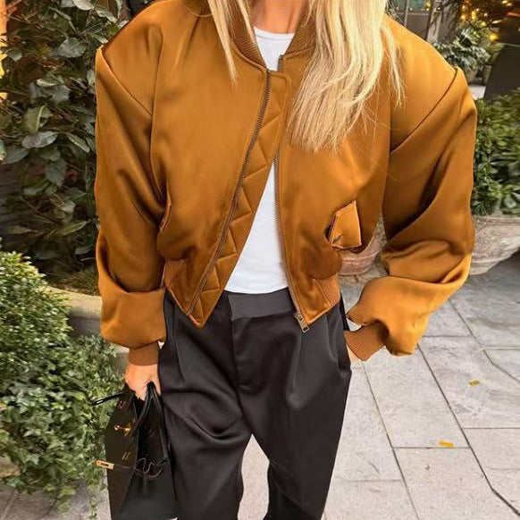 Women's Short Satin Bomber Jacket in Cropped Boxy Cut Mune Fashion