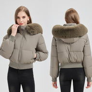 Women's Short Bomber Puffer Jacket with Hood and Removable Faux Fur Collar Mune Fashion