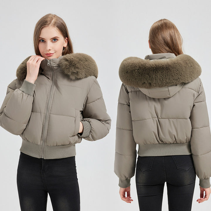 Women's Short Bomber Puffer Jacket with Hood and Removable Faux Fur Collar Mune Fashion